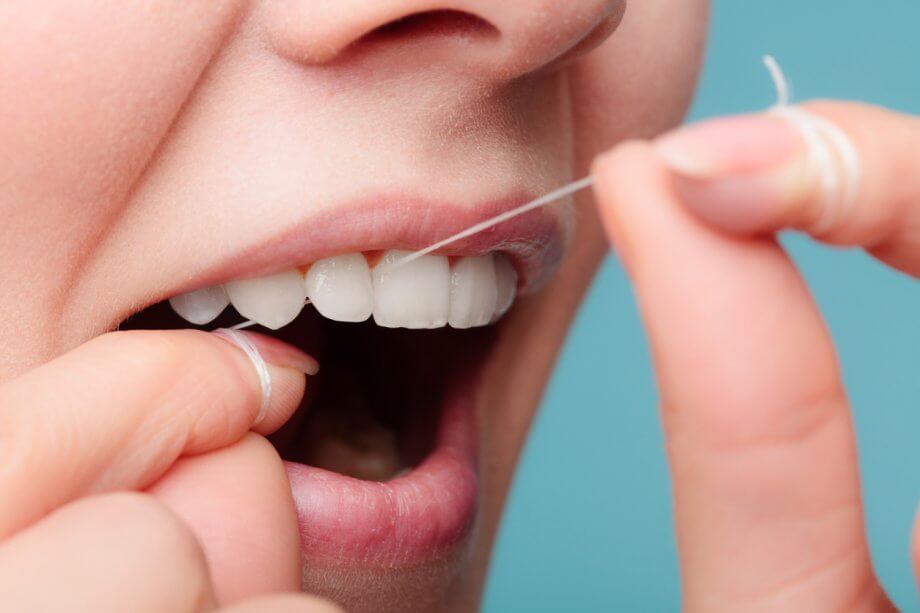 Close Up Of Woman Using Dental Floss